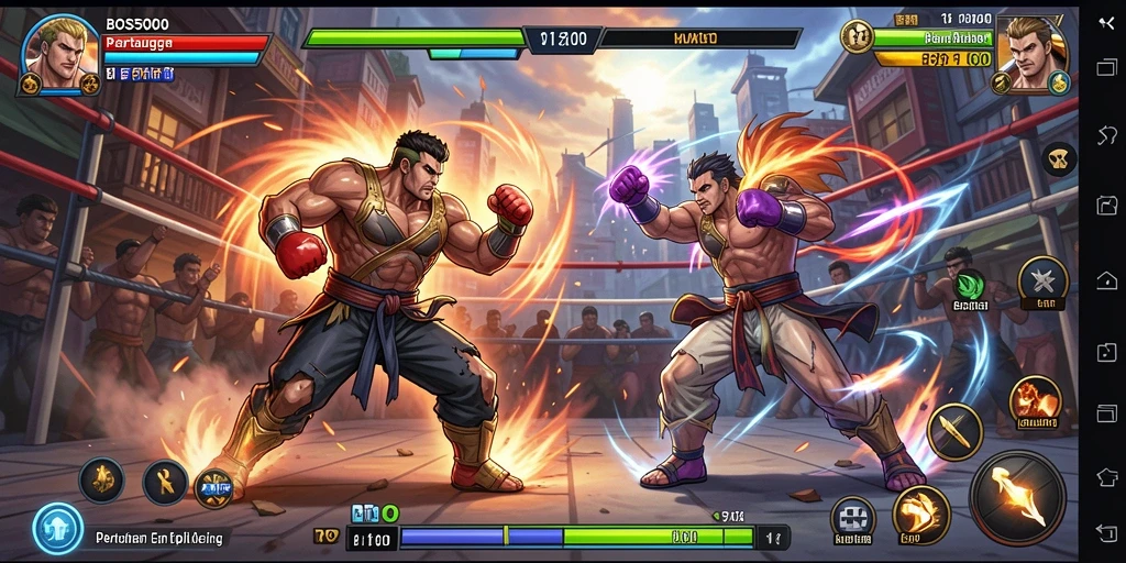 Screenshot gameplay BOS5000 menampilkan pertarungan seru dengan karakter yang beraksi.