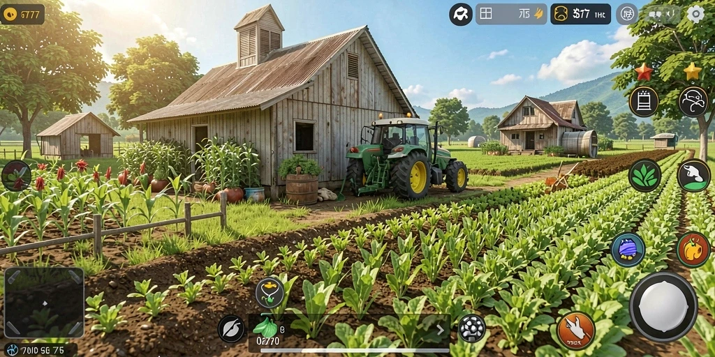 Screenshot GT777 menampilkan aksi gameplay seru di ladang pertanian.
