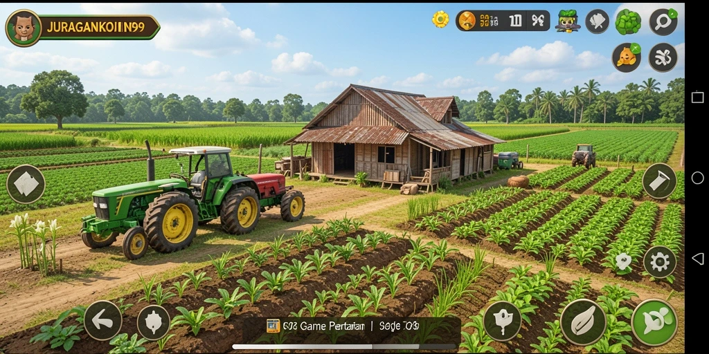 Tangkapan layar gameplay JURAGANKOIN99 yang menampilkan ladang yang hijau dan subur.
