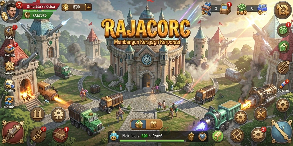 Screenshot gameplay menunjukkan kota korporasi yang berkembang pesat.